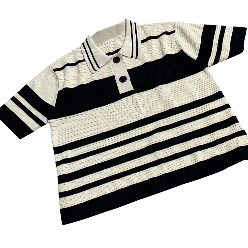CSSPRING Haru Murakami Women Beige Black Striped Knit Short Sleeve Medium Large